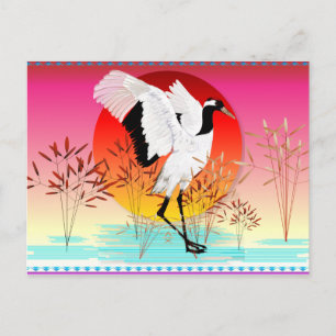 Red Crowned Crane and Setting Sun Postcard