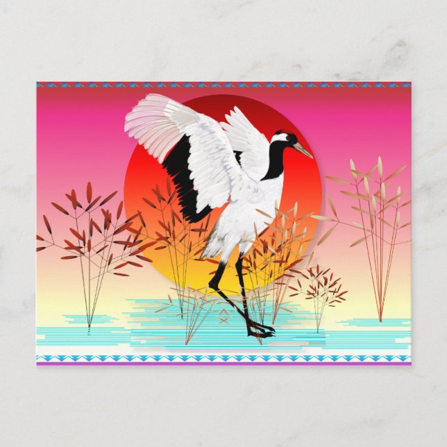 Red Crowned Crane and Setting Sun  Postcard (Front)