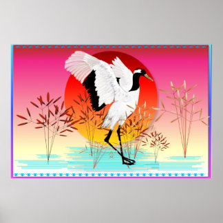 Red Crowned Crane and Setting Sun Posters
