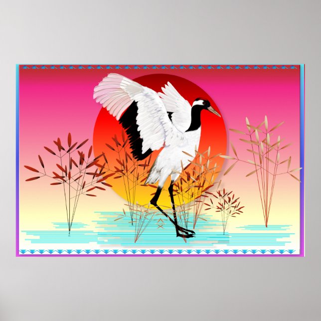 Red Crowned Crane and Setting Sun Posters (Front)