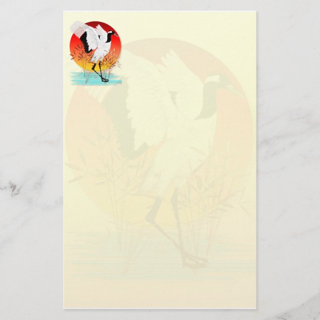 Red Crowned Crane and Setting Sun  Stationery (Front)