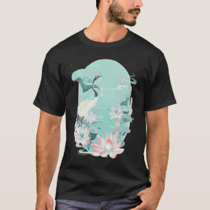 Red Crowned Crane Bird Water Lily Lotus Flower Chi T-Shirt