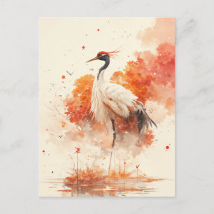 Red Crowned Crane in Autumn Marsh Landscape Postcard