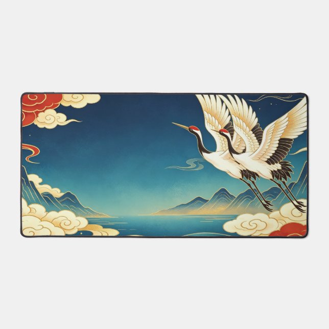 Red Crowned Crane Large Oriental Desk Mat (Front)
