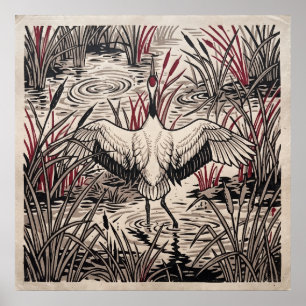 Red Crowned Crane Reed Art Poster