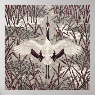 Red Crowned Crane Reeds Poster