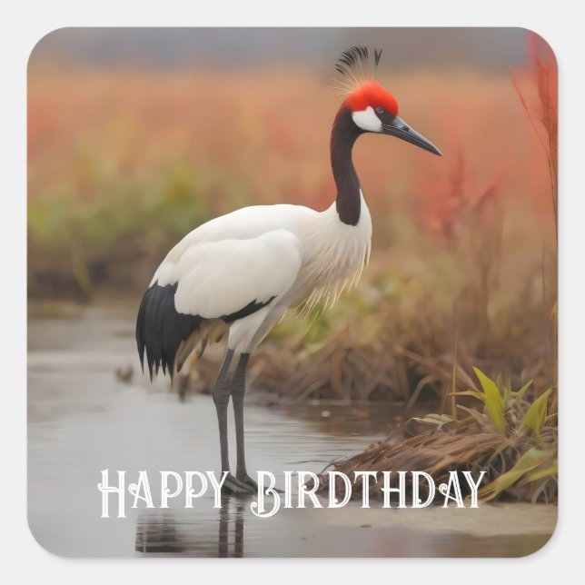 Red Crowned crane standing on water Square Sticker (Front)