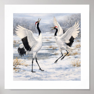 Red-crowned Cranes Dancing in Winter –  Poster