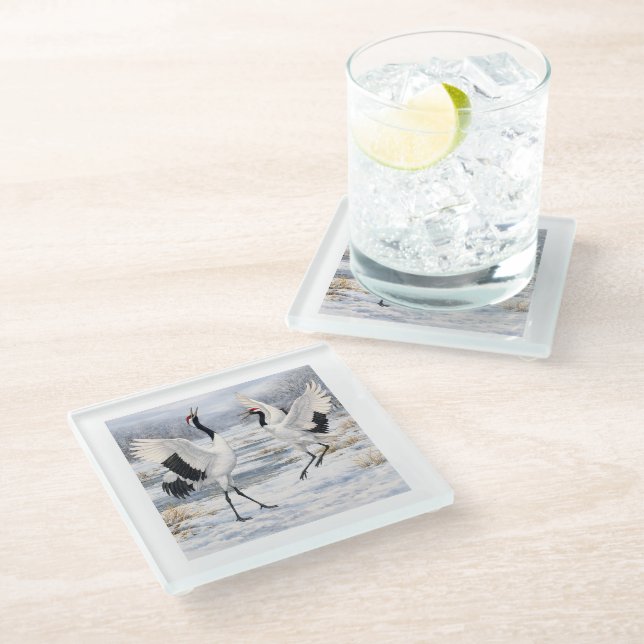 Red-crowned Cranes in Winter Glass Coaster (Angled)