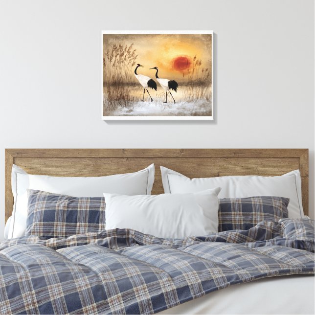 Red crowned cranes, watercolor artwork, canvas print (Insitu(Bedroom))