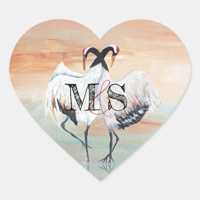 Red Crowned Tancho Crane, Japanese Wedding Favour Heart Sticker (Front)