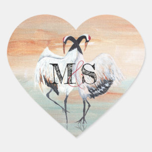 Red Crowned Tancho Crane, Japanese Wedding Favour Heart Sticker