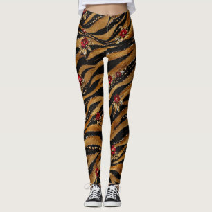 Red Crystal Rose Tiger Fabric Leggings