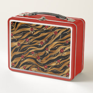 Red Crystal Rose Tiger Fabric Metal Lunch Box