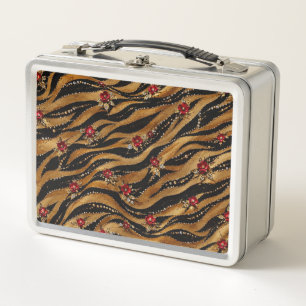 Red Crystal Rose Tiger Fabric Metal Lunch Box