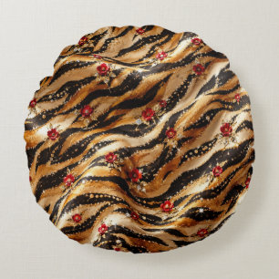 Red Crystal Rose Tiger Fabric Round Cushion