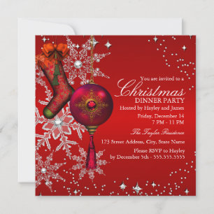 Red Crystal Snowflake Christmas Dinner Party 3 Invitation
