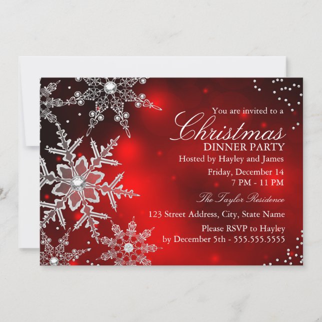 Red Crystal Snowflake Christmas Dinner Party Invitation (Front)
