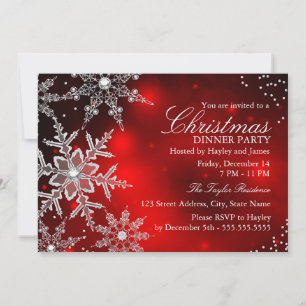 Red Crystal Snowflake Christmas Dinner Party Invitation