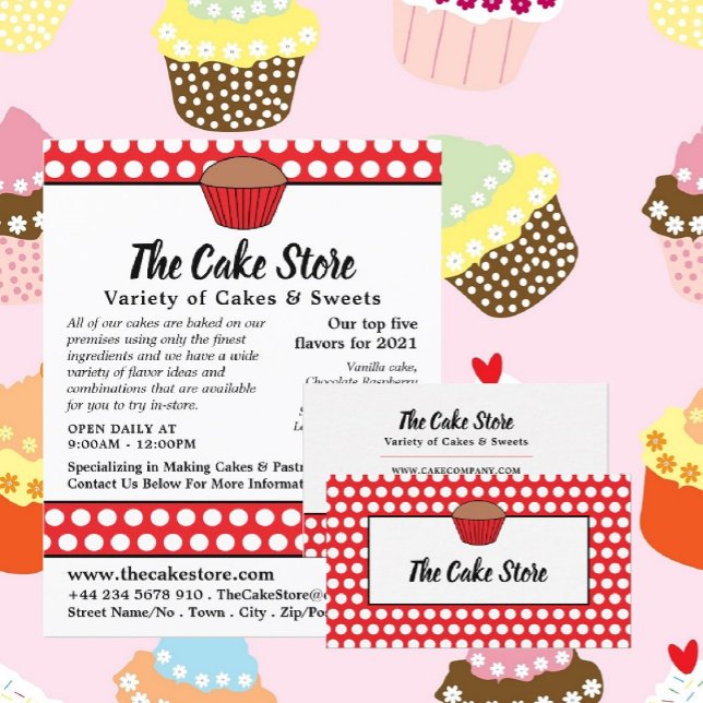 Red Cupcake & Polka Dot, Cake Maker, Cake Store Business Card (Creator Uploaded)
