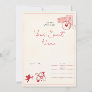 Red Cupid Rose Stamp Vintage Postcard Invitation