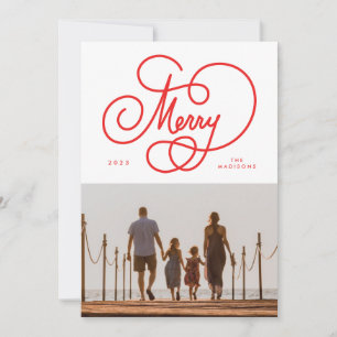 Red Cursive Script Merry Flourish Photo Holiday Card