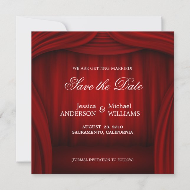 Red Curtain Save the Date announcement (Front)
