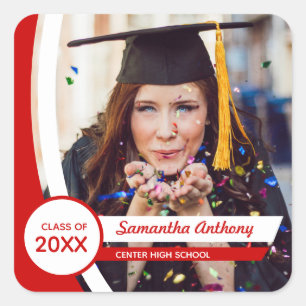 Red Curved Frame Photo Graduation Square Sticker
