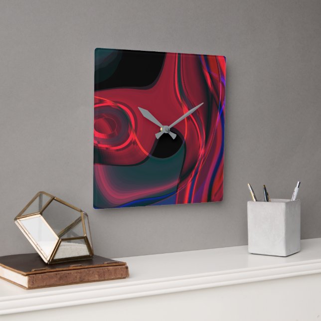 Red curves with acrylic and metallic tone on dark  square wall clock (Office)
