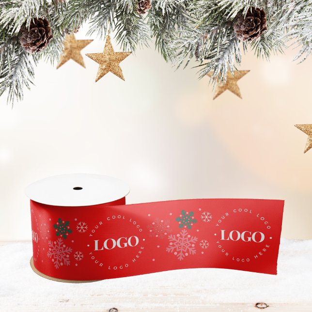 Red Custom Business Logo & Snowflake Christmas  Satin Ribbon (Creator Uploaded)
