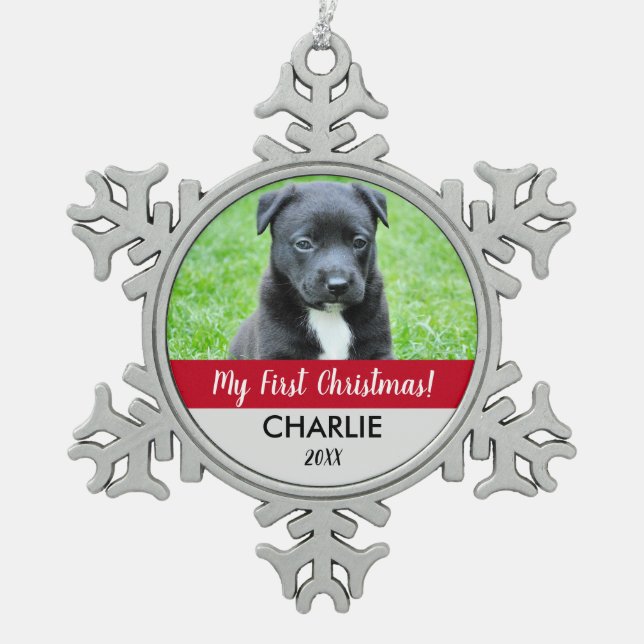 Red Custom Dog Photo Puppy's First Christmas Snowflake Pewter Christmas Ornament (Front)