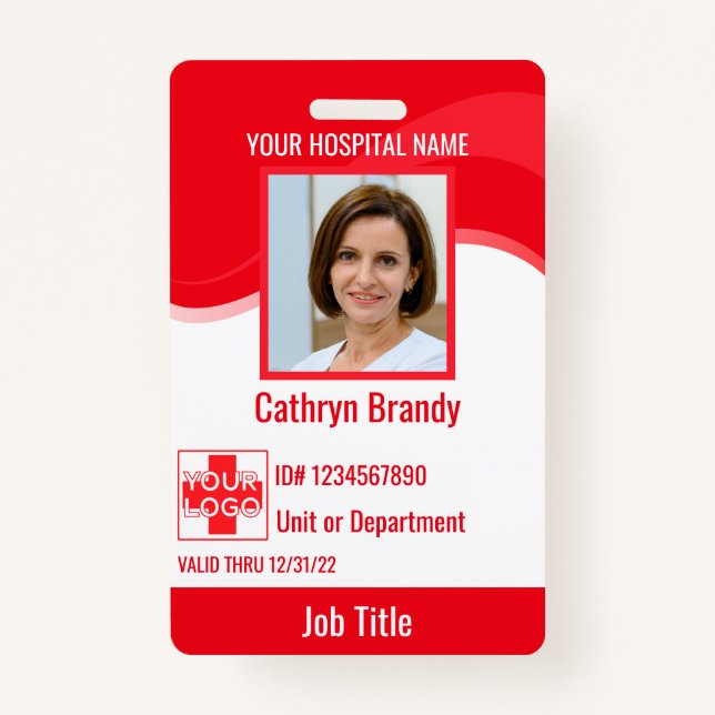 Red custom Hospital Employee Security, logo ID Badge (Front)