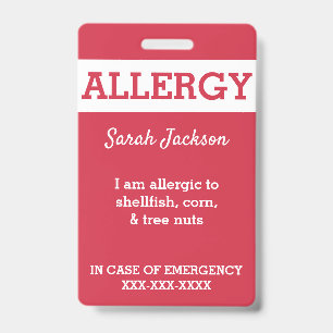 Red Custom Kids Food Allergy Alert Personalised ID Badge