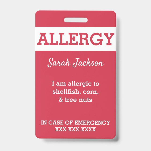 Red Custom Kids Food Allergy Alert Personalised ID Badge (Front)
