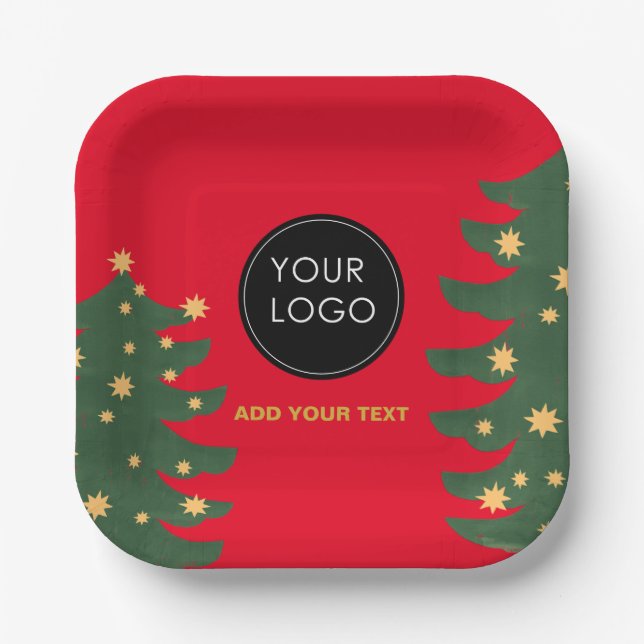 Red Custom Logo Company Business Christmas Tree Paper Plate (Front)
