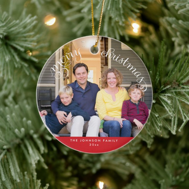 Red Custom Merry Christmas Photo Tree Ornament (Tree)