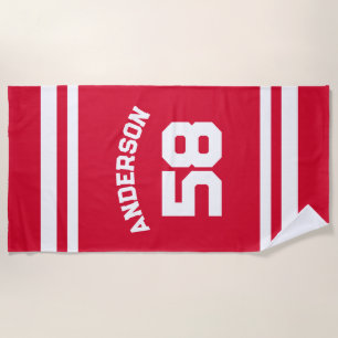 Red Custom Name & Number Sports Fan  Beach Towel