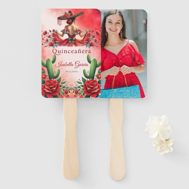 Red Custom Photo Mexican Style Quinceañera Hand Fan (Front and Back)