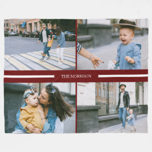 Red Custom Photos Collage Family Name Personalised Fleece Blanket