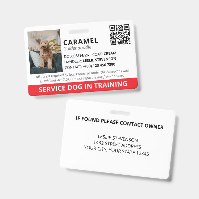 Red Custom QR Code Service Dog In Training ID Badge (Front & Back)