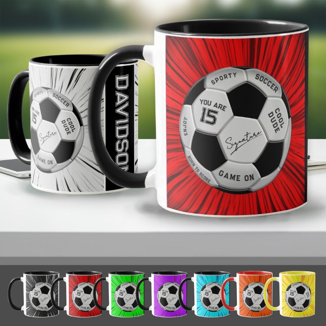 Red Custom Soccer Ball Birthday Age Name  Mug (Creator Uploaded)