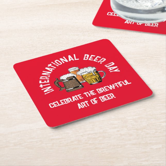 Red Customisable International Beer Day Square Paper Coaster (Angled)