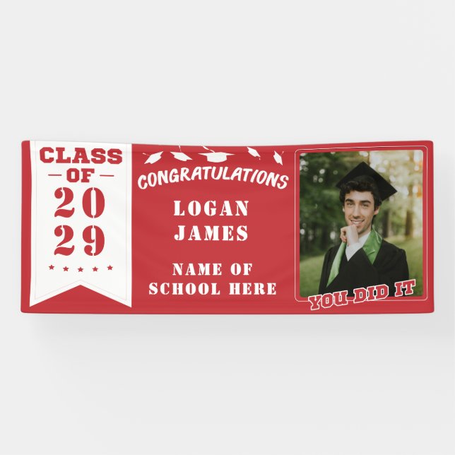 red customised graduation 2025 with name & Photo Banner (Horizontal)
