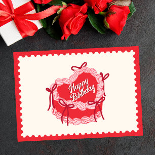 Red cute birthday cake heart bow holiday card