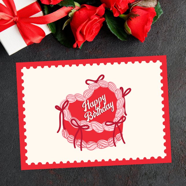 Red cute birthday cake heart bow holiday card (Creator Uploaded)