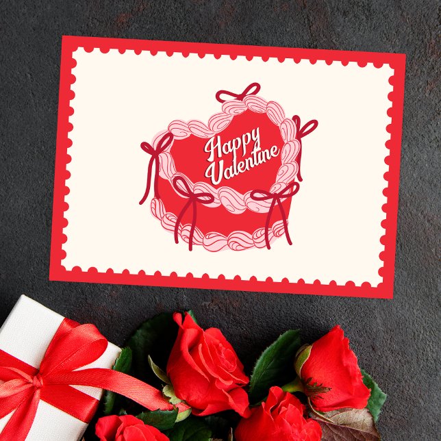 Red cute cake heart bow happy valentines holiday card (Creator Uploaded)