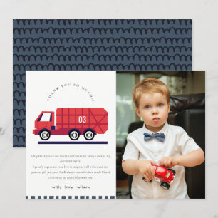 Red Cute Garbage Truck Kids Photo Any Age Birthday Thank You Card
