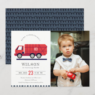 Red Cute Garbage Truck Kids Photo Birthday Invite