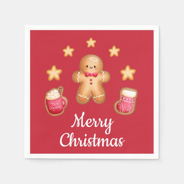 Red Cute Gingerbread Man Merry Christmas Napkin (Front)