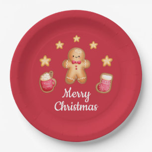 Red Cute Gingerbread Man Merry Christmas Paper Plate